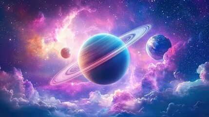 Poster - Planets of all sizes floating in space, surrounded by swirling pastel nebulae and twinkling stars.