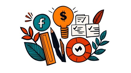 Poster - Stylized of Hand Drawn Business Icons Featuring Finance Teamwork Target and Strategy Doodles for Office and Career Concepts