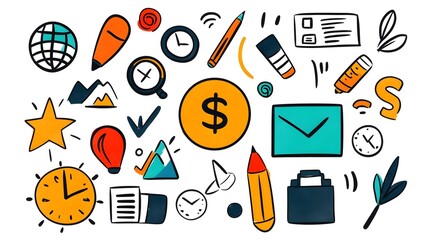 Poster - Vibrant of Hand Drawn Business Icons Featuring Finance Teamwork Target and Strategy Doodles for Office and Career Concept Designs