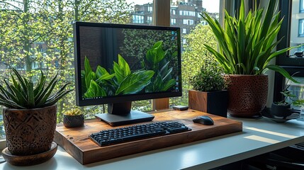 Poster - Simple workspace setup featuring a desktop monitor, keyboard, and mouse on a white desk with natural lighting.