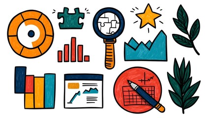 Poster - Sketchy Business Icon Set with Hand Drawn Career Symbols like Target Puzzle Teamwork and Financial Charts Illustrated in a Doodle Style Concept