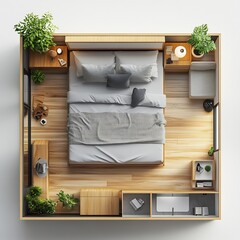 Fototapete - Top view 3D render of minimalist bedroom with a lowprofile platform bed surrounded by simple furniture and open space detailed floor plan on a clean white background highlighting the minimalist design