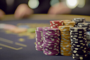 Colorful poker chips stacked on a casino table during a game
