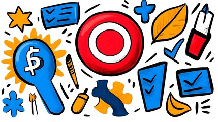 Poster - Playful Hand drawn Business Doodle Icons Depicting Target Puzzle Teamwork and Finance Concepts for Office Career and Corporate Branding Designs