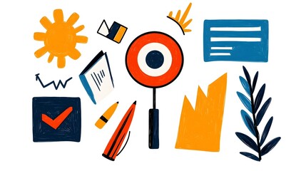 Poster - Whimsical and playful hand drawn business doodle icon set including target puzzle teamwork and finance elements  Ideal for office career and corporate concept presentations and designs