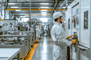 Factory worker operating machinery in a modern production facility
