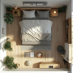 Fototapete - Top view 3D render of minimalist bedroom with a lowprofile platform bed surrounded by simple furniture and open space detailed floor plan on a clean white background highlighting the minimalist design