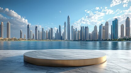 Poster - The elegance of a polished podium in front of a breathtaking city skyline, set against a bright blue sky, capturing the essence of urban sophistication.
