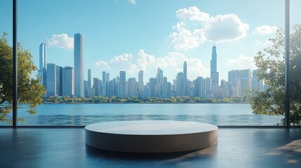Poster - The elegance of a polished podium in front of a breathtaking city skyline, set against a bright blue sky, capturing the essence of urban sophistication.