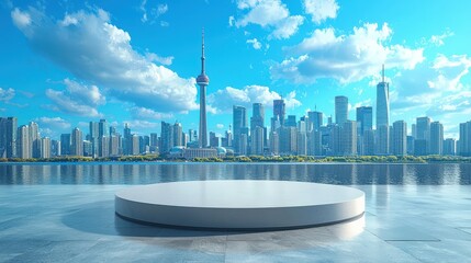 Poster - The elegance of a polished podium in front of a stunning city skyline, with a bright blue sky above, ideal for professional events and gatherings.