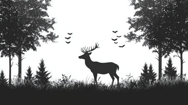 The elegant silhouette of a deer framed by trees in a peaceful forest, set against a white backdrop, symbolizing harmony with nature.