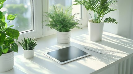 Poster - Workspace with a clean, minimalist look, featuring a tablet and a pen on a white surface, lit by bright natural light.