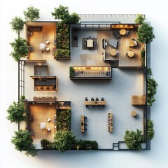 Poster - Top view 3D render of modern campus student center with open lounges and trendy cafes spacious interior floor plan on isolated white background