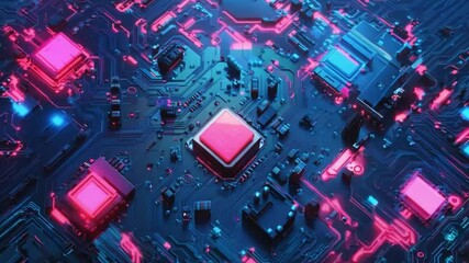 Poster - Colorful electronic circuit board with pink and blue components illuminated in a high-tech environment