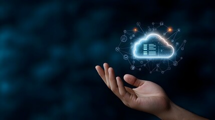 Leinwandbilder - Hand reaching out to a digital screen displaying technology icons cloud storage and network connections glowing on a dark blue background  Futuristic digital technology concept