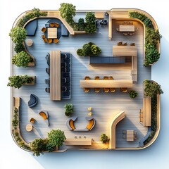Poster - Top view 3D render of modern campus student center with open lounges and trendy cafes spacious interior floor plan on isolated white background