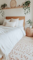 Wall Mural - Cozy Scandinavian bedroom featuring a serene double bed and natural decor for a tranquil living space