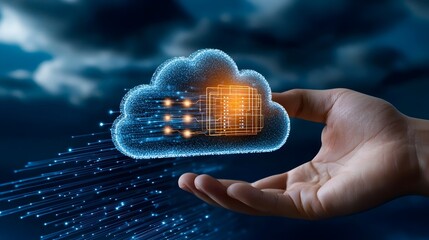 Leinwandbilder - Glowing and futuristic technology icons of cloud storage and network systems being activated by a human hand on a digital screen set against a dark blue tech background