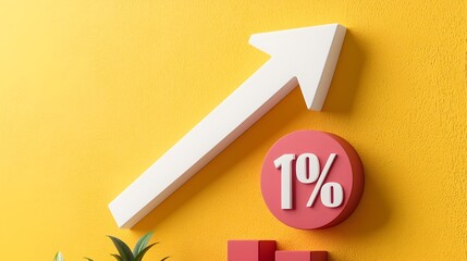 Fototapete - 3D rendering of a white downward pointing arrow with a percent sign on a vibrant yellow background representing falling interest rates and mortgages in the finance and investment sector