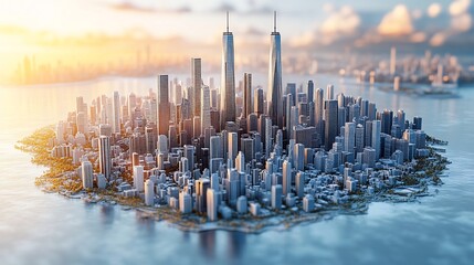 Poster - Top view 3D render of modern city skyline including tall skyscrapers and office buildings with intricate designs and clean lines shown on a plain white background