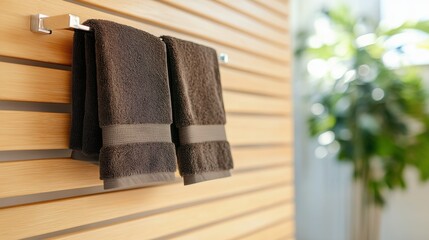 The image shows two brown towels neatly hanging on a metallic holder against a wooden paneled wall, with soft natural light filtering through nearby plants, creating a cozy ambiance.