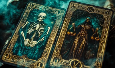 Two Tarot cards, death and temperance, with smoke.