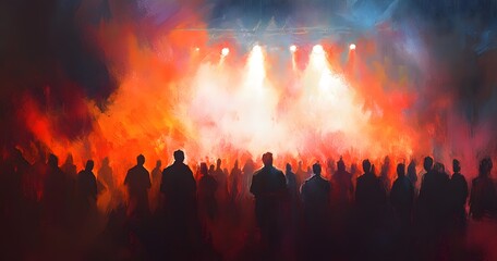 Silhouettes of a crowd at a concert with bright spotlights