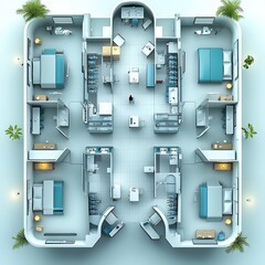 Poster - Top view 3D render of modern hospital floor plan featuring radiology lab services and surgical suites detailed layout on an isolated white background showcasing advanced medical facility design