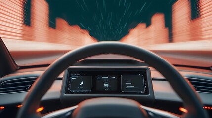 Poster - Sleek and dynamic autonomous electric vehicle with advanced smart technology and glowing underbody lighting speeding through a neon lit high tech urban cityscape of the future