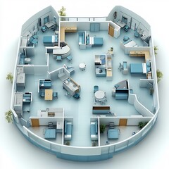 Poster - Top view 3D render of modern hospital floor plan featuring radiology lab services and surgical suites detailed layout on an isolated white background showcasing advanced medical facility design