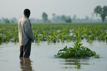 a farmer standing in a flooded field, staring at crops submerged under water, highlighting the devas