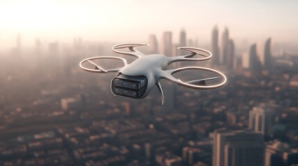 Leinwandbilder - Innovative cargo drone with a futuristic shape modular cargo bay and advanced energy storage technology flying over a hyper modern digitally enhanced urban area