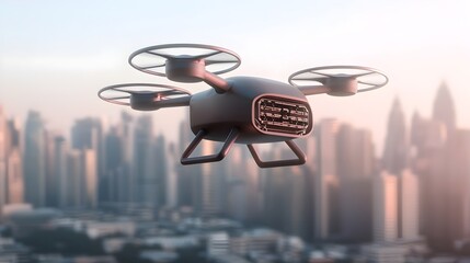 Aufkleber - Innovative cargo drone with a futuristic shape modular cargo bay and advanced energy storage system flying over a hyper modern urban area with cutting edge architecture and infrastructure