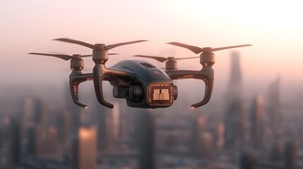 Fototapete - Advanced cargo drone with multiple propellers and smart package delivery system gliding through a high tech cityscape of the future
