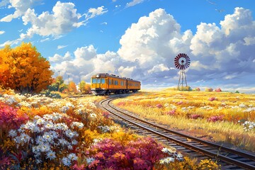 A vibrant, autumn landscape featuring a colorful train on winding tracks, surrounded by blooming flowers and a windmill under a bright blue sky.