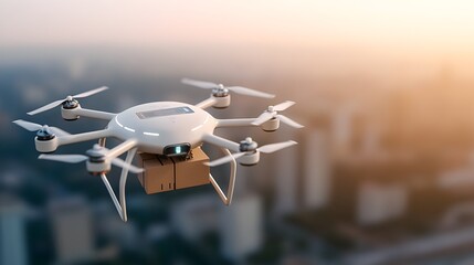 Leinwandbilder - Advanced cargo drone with multiple propellers and smart package delivery system gliding through a high tech cityscape of the future