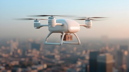 Fototapete - Futuristic cargo drone with multiple propellers gliding through a high tech cityscape showcasing a smart package delivery system of the future