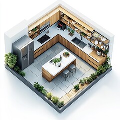 Poster - Top view 3D render of modern kitchen featuring a central island open shelving and a large fridge detailed floor plan displayed on a clean white background highlighting layout efficiency