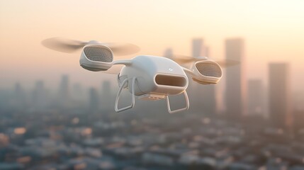 Leinwandbilder - Cutting edge cargo drone with high capacity delivery bay AI powered flight control and solar charging wings flying over a futuristic city skyline with skyscrapers and modern architecture