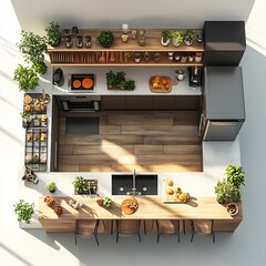 Poster - Top view 3D render of modern kitchen with a central island stylish open shelving and a large fridge wellorganized floor plan shown on a clean white background showcasing design details