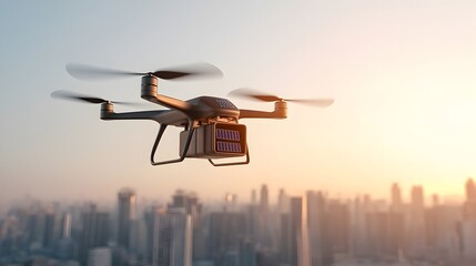 Poster - Advanced cargo drone with high capacity delivery bay AI controlled flight and solar powered wings gracefully navigating the futuristic skyline of a modern metropolitan city