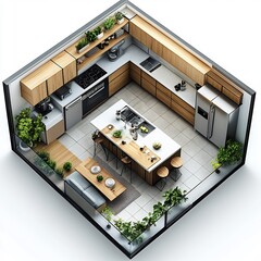 Poster - Top view 3D render of modern kitchen featuring a central island open shelving and a large fridge detailed floor plan displayed on a clean white background highlighting layout efficiency