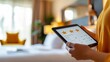© Lens Legacy - A woman in casual attire holds a tablet displaying a three-star hotel service rating, suggesting an average customer satisfaction experience in modern hospitality.