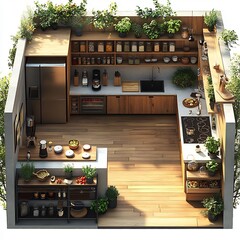 Poster - Top view 3D render of practical kitchen layout featuring central island open shelving storage and a large fridge comprehensive floor plan on an isolated white background highlighting design efficiency