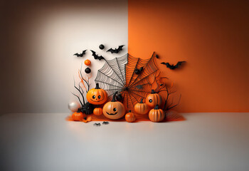 A group of pumpkins, cobwebs, and bats against a white and orange background.