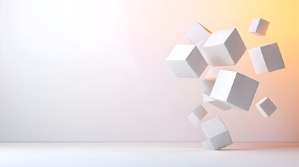 Poster - Futuristic and modern abstract composition with floating 3D geometric shapes subtle gradients and glowing highlights on a minimalist white background  Digital art with a clean elegant