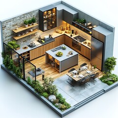Poster - Top view 3D render of practical kitchen layout featuring central island open shelving storage and a large fridge comprehensive floor plan on an isolated white background highlighting design efficiency