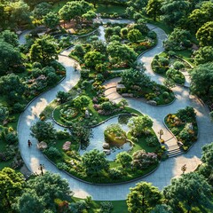 Poster - Top view 3D render of public garden with manicured lawns elegant water features and serene walking paths floor plan layout isolated on clean white background