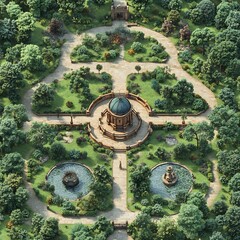Poster - Top view 3D render of public garden with manicured lawns elegant water features and serene walking paths floor plan layout isolated on clean white background