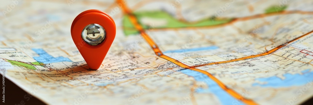 Orange Location Pin on a Detailed Road Map, Concept for Navigation ...